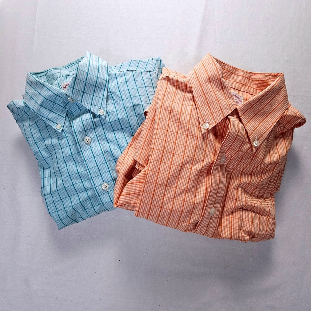 2 Brooks Brothers Mens M Non-Iron Supima Cotton Orange/Aqua Button Down Shirts